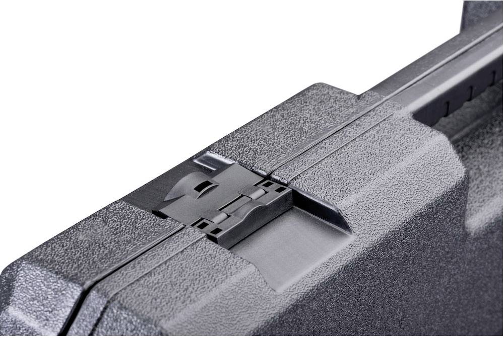 Grey plastic case with a detailed close-up of the hinge and textured surface, demonstrating robust construction.