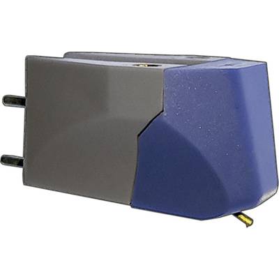 Record player cartridge with blue-grey casing and plug contacts.