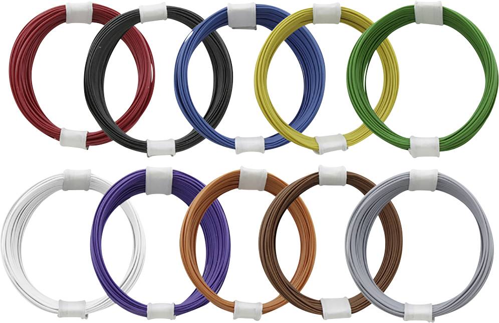 Ten multicoloured cable reels: Red, Black, Yellow, Green, White, Purple, Blue, Brown, Grey, each individually surrounded by white holders.