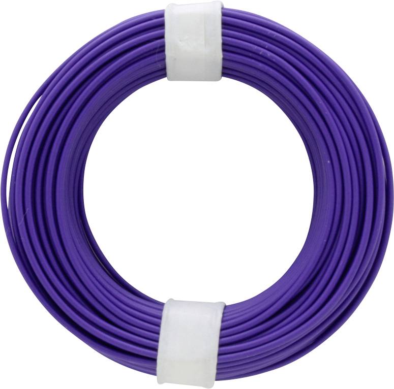 A lilac plastic cable, loosely coiled into a roll, held together by two white cable ties.