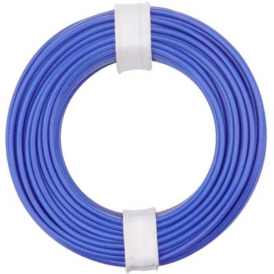 Blue cable wound in a circular arrangement, secured with white bands. Ideal for electrical installations or repairs.