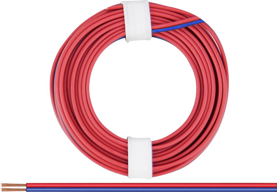 Red electrical cable reel, the end showing copper wires with blue and red insulation. Ideal for electrical installations.
