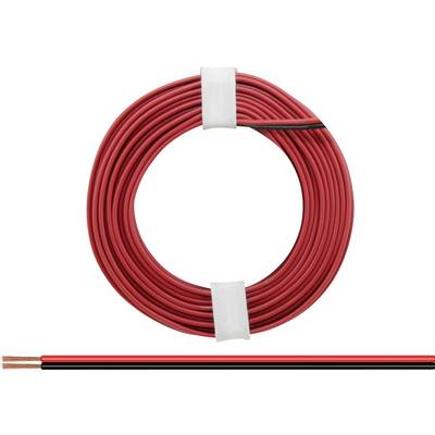 Red cable reel with two insulated copper wires that can be used for electrical installations. Wire ends visible.