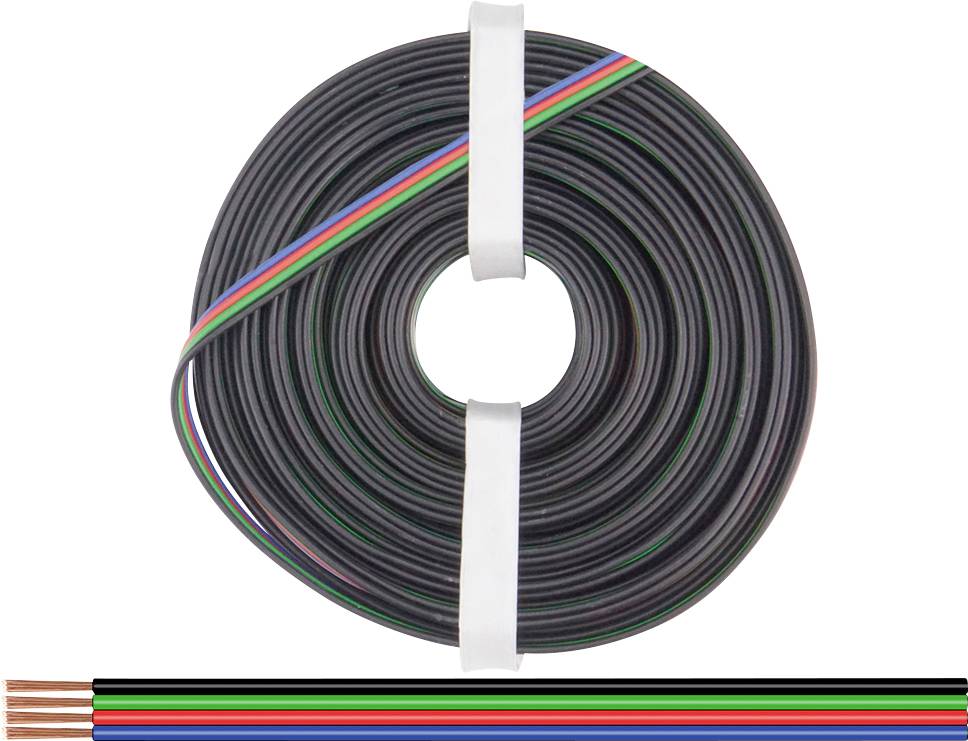 A coil of black cables held together with a white band. The cables contain four coloured strands: Red, Green, Blue and White.
