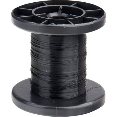 A black plastic reel with wire wound around it.