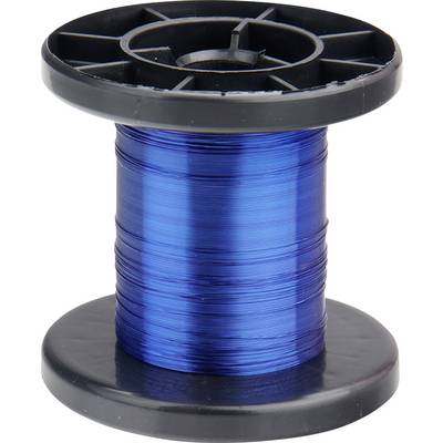 A reel with a shiny blue wire on a black plastic spool body.