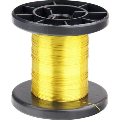 Spool with shiny, golden wire on a black plastic reel.