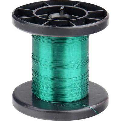 Coil with green wire on a black plastic core, viewed from the side. The wire is tightly wound and forms an even layer.