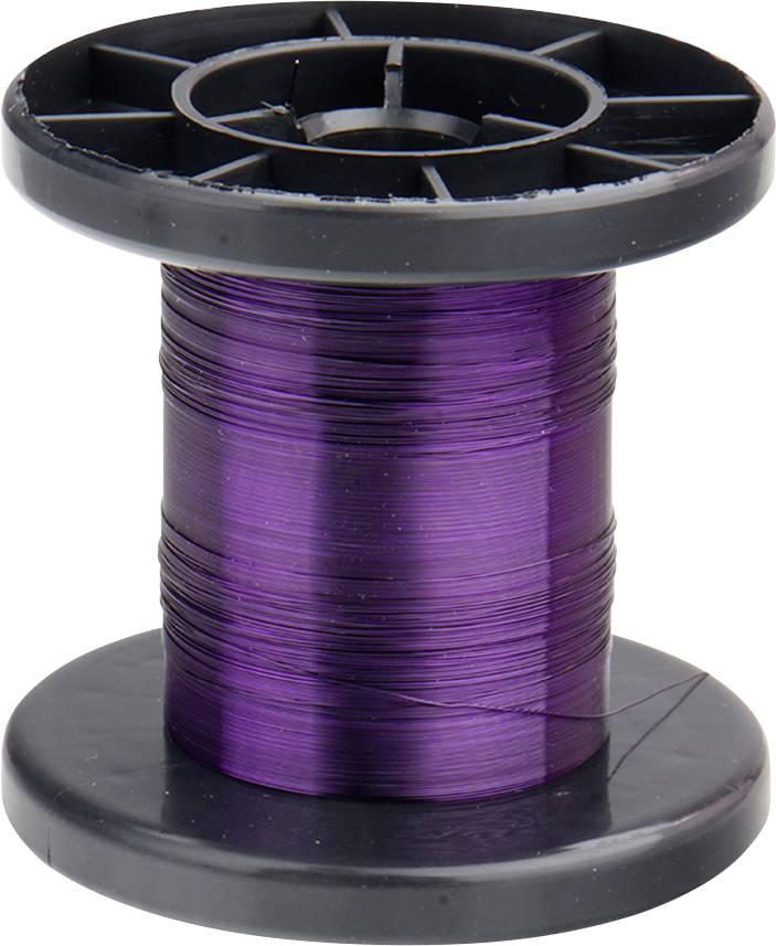 A black plastic spool wound with dark violet wire.