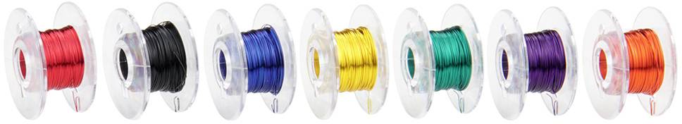 Eight reels of colourful wire in the colours red, black, blue, green, yellow, purple, violet and orange, lined up side by side.