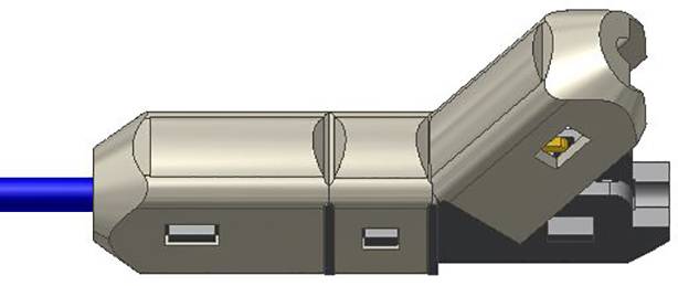 A grey hinge encasing a blue cable, with mechanical components enabling a flexible cable connection.