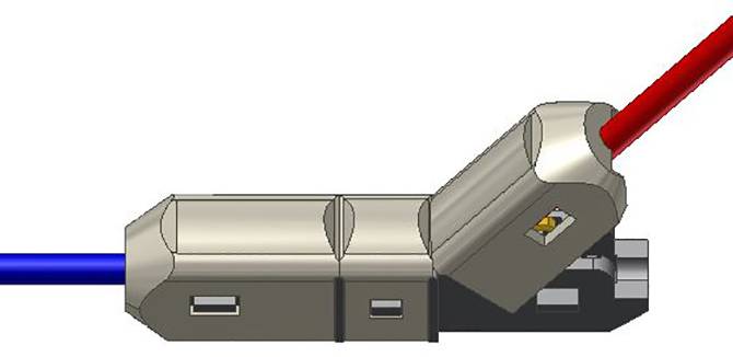 A metal connector with two cables: a blue one coming from the left, a red one running upwards. The connection angle is approximately 45 degrees.