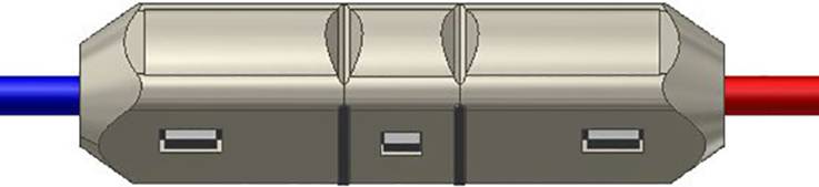 A silver electrical connector joins a blue cable on the left side with a red cable on the right side.