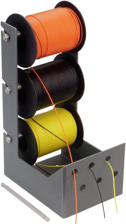 Three cable reels in a holder. Orange at the top, black in the middle, yellow at the bottom. Front side with holes for cable removal.