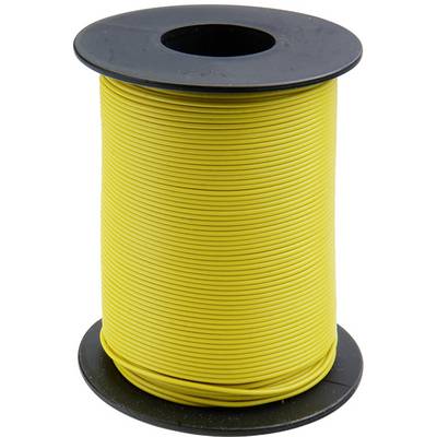 A large roll of yellow cable is standing upright, the cable tightly wound on a black plastic spool.