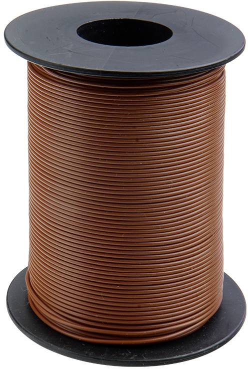 A large spool of brown wire, standing upright, with a black plastic core and top surface.