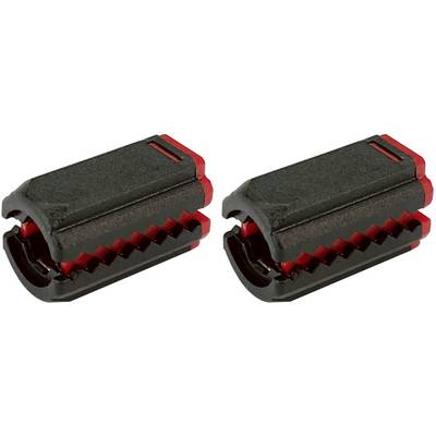 Two black, rectangular bicycle chain links with red accents, placed side by side on a white background.