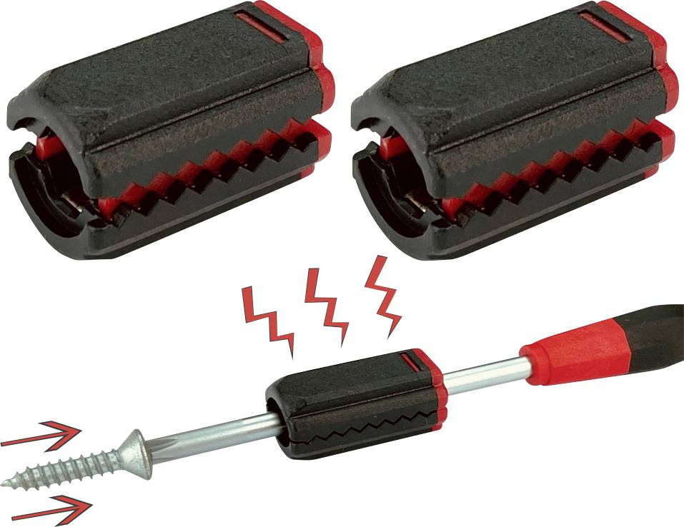 A safety clip and a screwdriver with a clip securely hold a screw. Red arrows and zigzag lines indicate movements.