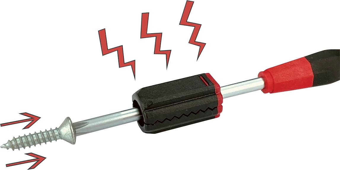 A screwdriver tightens a screw. Red arrows and zigzag symbols indicate the rotational movement and tightening action.