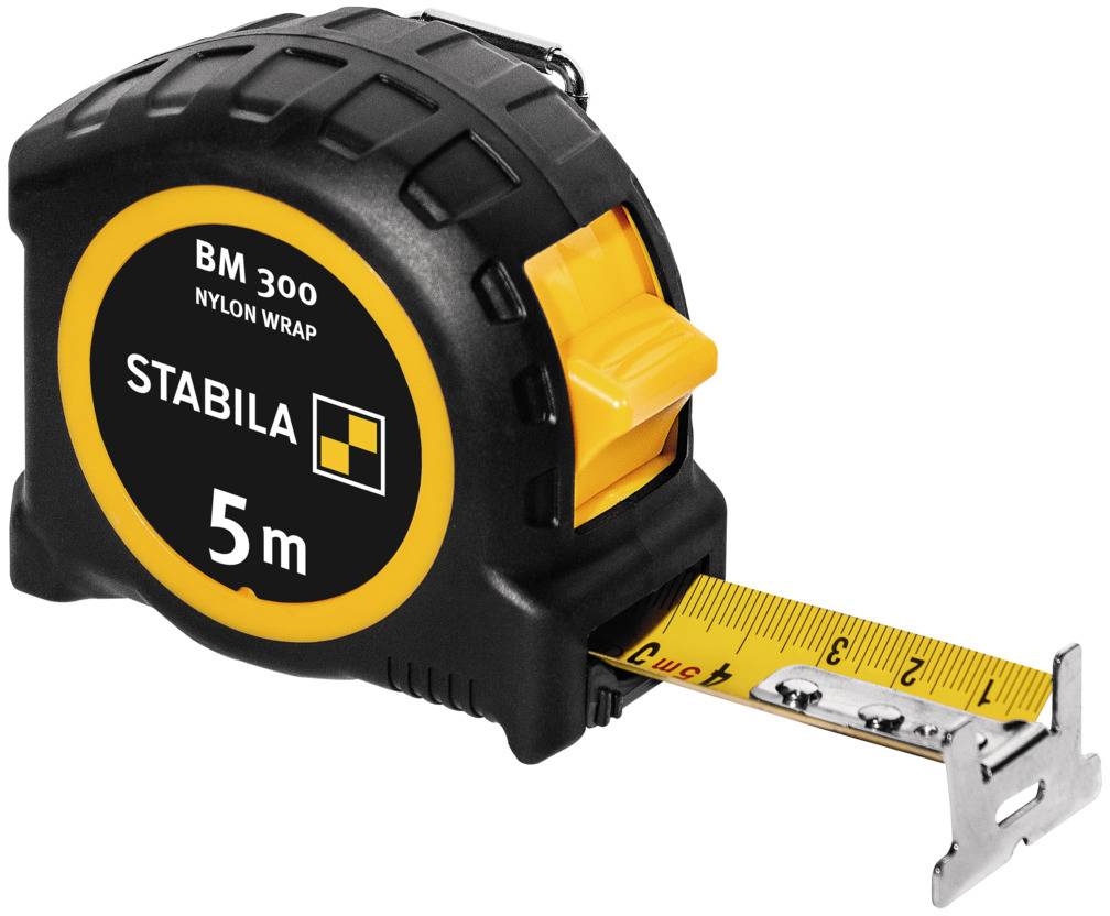 Black and yellow measuring tape, 5 metres long, with 'STABILA' labelling, extended to 4 cm.