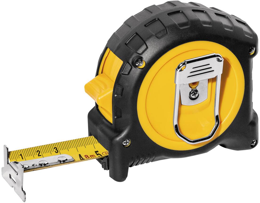 A yellow tape measure with a black casing, extended to 8 cm. It has a silver clip on the back.