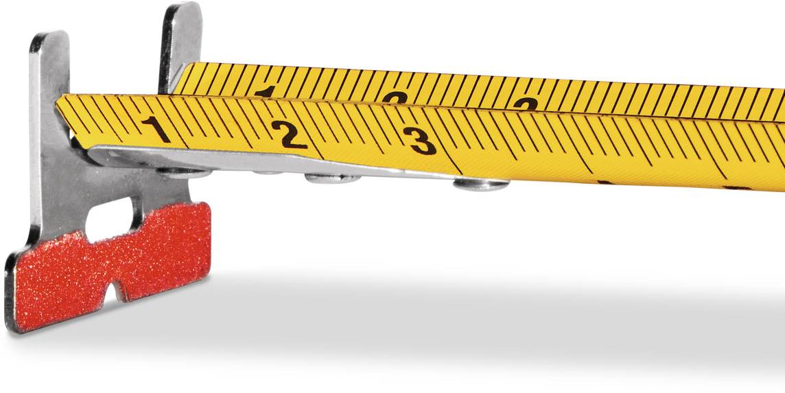 Yellow folding rule, unfolded, shows measurements of 1, 2, 3. Metal fitting and red marking at the start of the measuring tape.