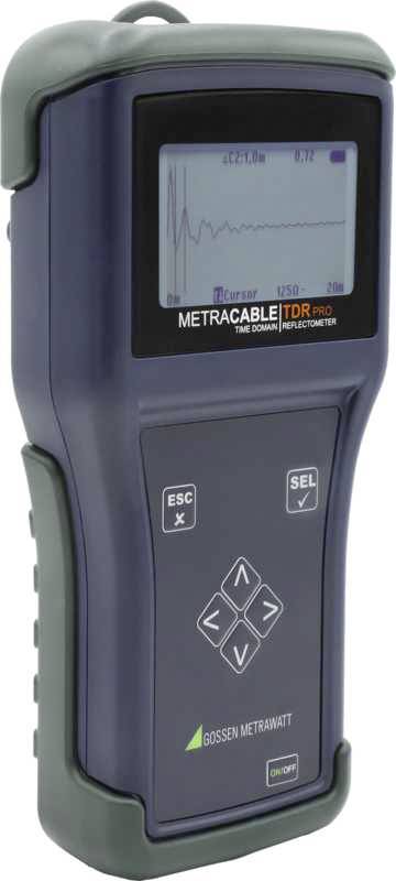 Portable cable testing device with a screen displaying a graphical representation or waveform. Operating buttons located underneath.