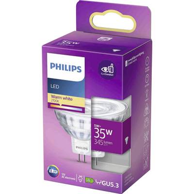 A packaging for a Philips LED lamp 'Warm white 2700K'. 5W, 35W equivalent, 345 lumens, GU5.3 socket, 'EyeComfort' seal.