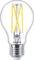 A transparent LED light bulb with visible filaments and metal fitting, marked with 'Philips', illuminates in an environmentally friendly manner.