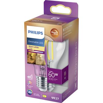 Philips LED Light Bulb: Dimmable, Warm White, 5.9W Equivalent to 60W, 806 Lumens, E27 Screw Fitting. Packaging design demonstrates lighting effect.