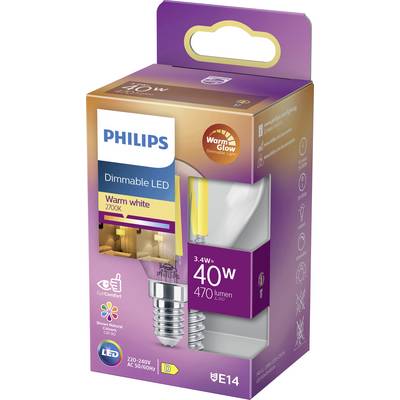 Packaging for a Philips dimmable LED bulb, 40W, E14 socket, Warm White 2700K, 470 lumens, with WarmGlow function and eye protection.