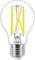 A clear light bulb with visible yellow filaments and a silver screw base, marked by the logo.