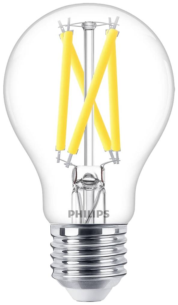 A translucent light bulb with yellow LED filaments and a silver screw base displaying 'Philips'.