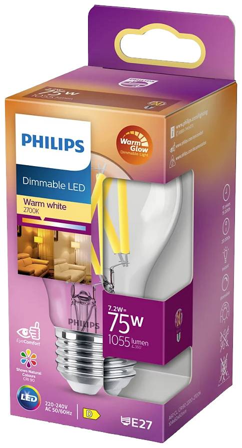 A dimmable Philips LED light bulb in warm white (2700K), 7.2W, equivalent to 75W, with 1055 lumens. E27 fitting in a purple packaging.