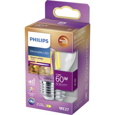 Philips Dimmable LED Light Bulb Packaging, 5.9W equivalent to 60W. Warm white light, E27, 806 lumens.