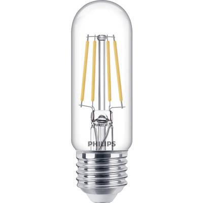 A transparent LED light bulb with visible filaments. Marking: 'Philips'.