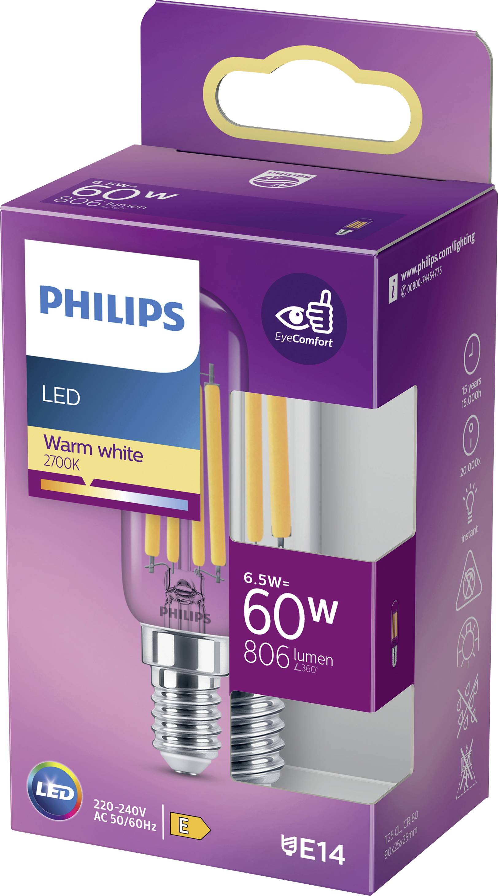'Philips LED Bulb, warm white 2700K, replaces 60W, 806 lumens, E14 socket, energy-efficient with EyeComfort technology.'