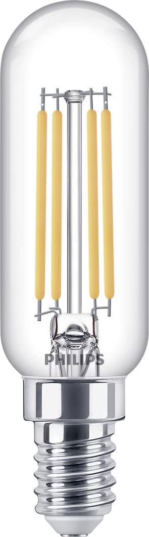 A Philips LED tube-shaped light bulb. It has an E14 socket and reveals its inner filaments. Suitable for decorative lighting.
