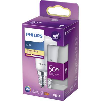 'Philips LED 6W (replaces 50W) Light Bulb, E14 Screw Cap, warm white 2700K, 640 Lumens, energy efficient, EyeComfort Technology, A++.'
