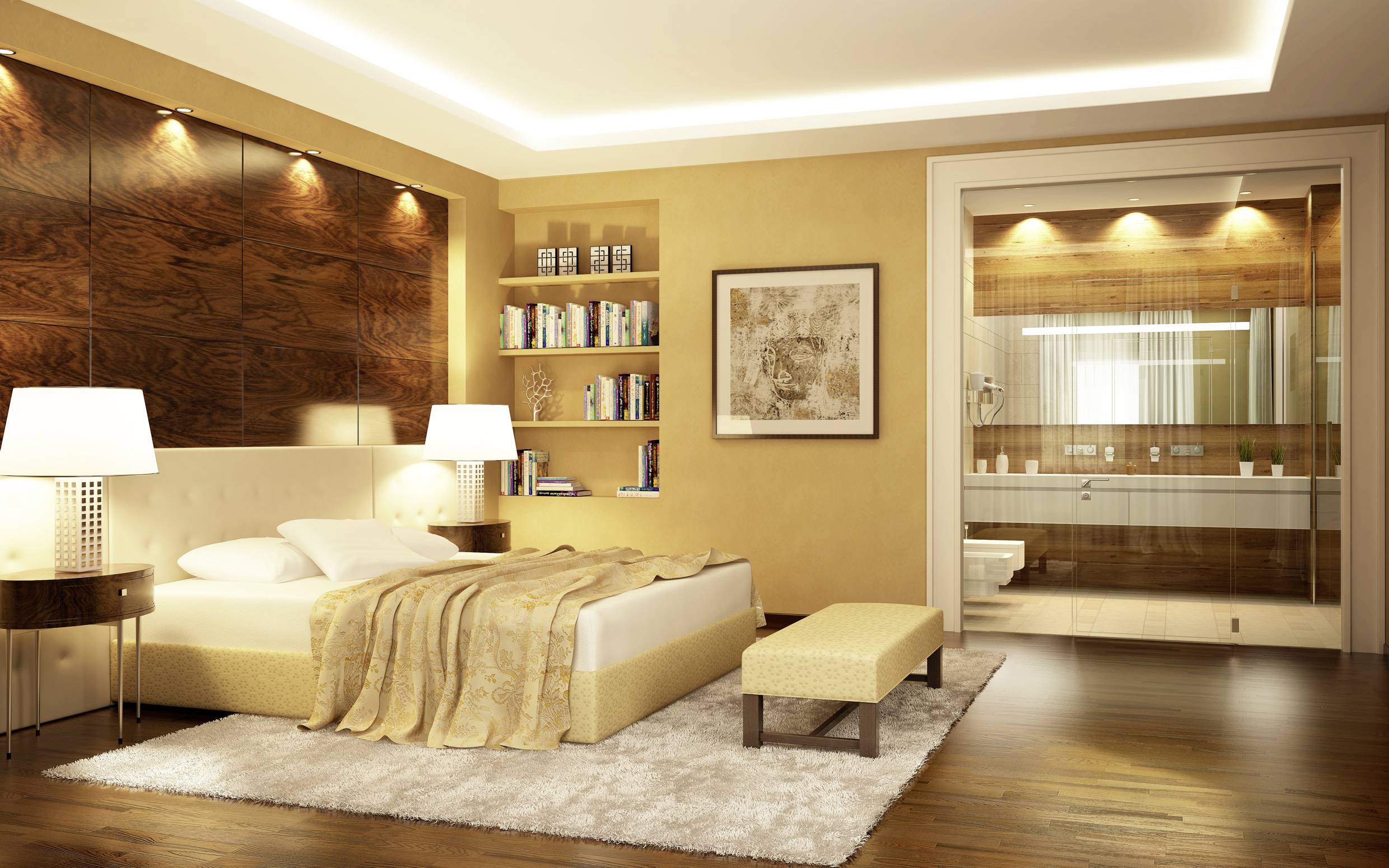 A modern bedroom with a large bed, bedside tables, and a shelf on the wall. In the background, a bathroom with a glass front.