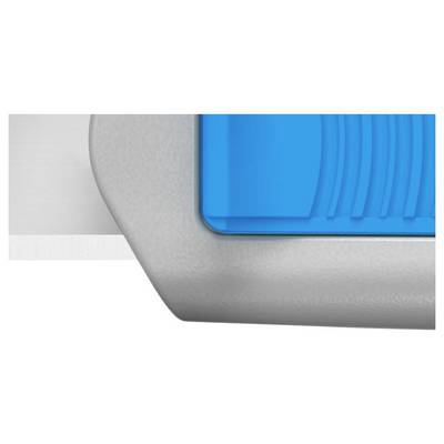 A part of a grey and blue device with a smooth surface and structured details.