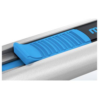A blue sliding mechanism in close-up on a silver-coloured utility knife, showing the thumb grip and textured surface.