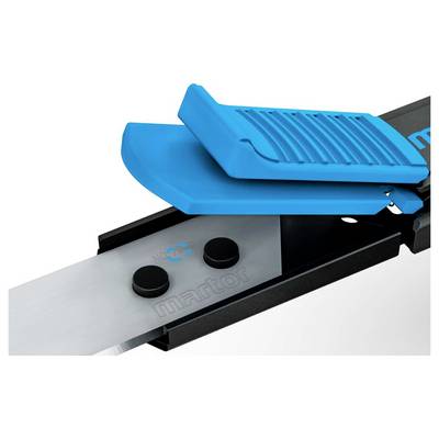 A safety knife with a blue plastic cover and two side push buttons on the metal blade, used for safe cutting.