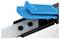 A safety knife with a blue plastic cover and two side push buttons on the metal blade, used for safe cutting.