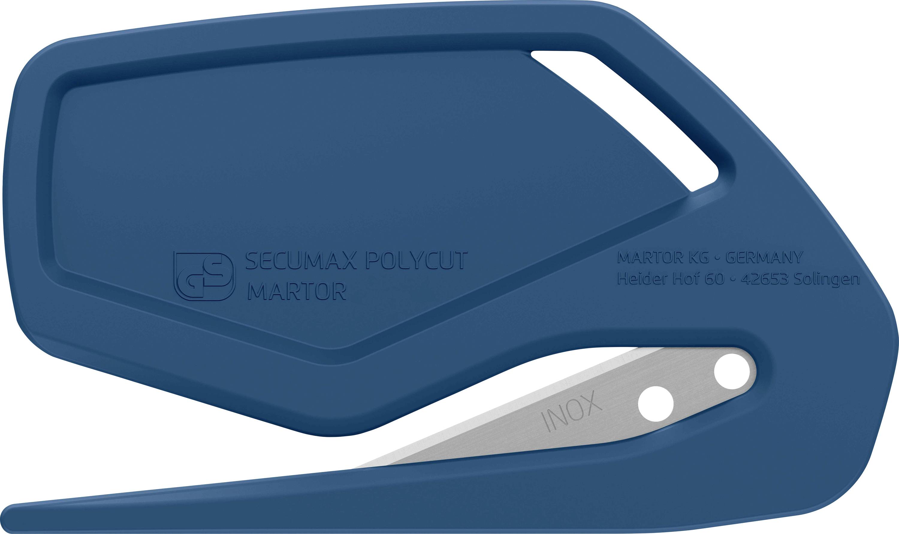 Blue safety knife with concealed blade, side logo 'Secumax Polycut Martor', suitable for safe cutting.