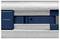 Close-up of a metal mechanism with a blue sliding control and an arrow pointing to the left.