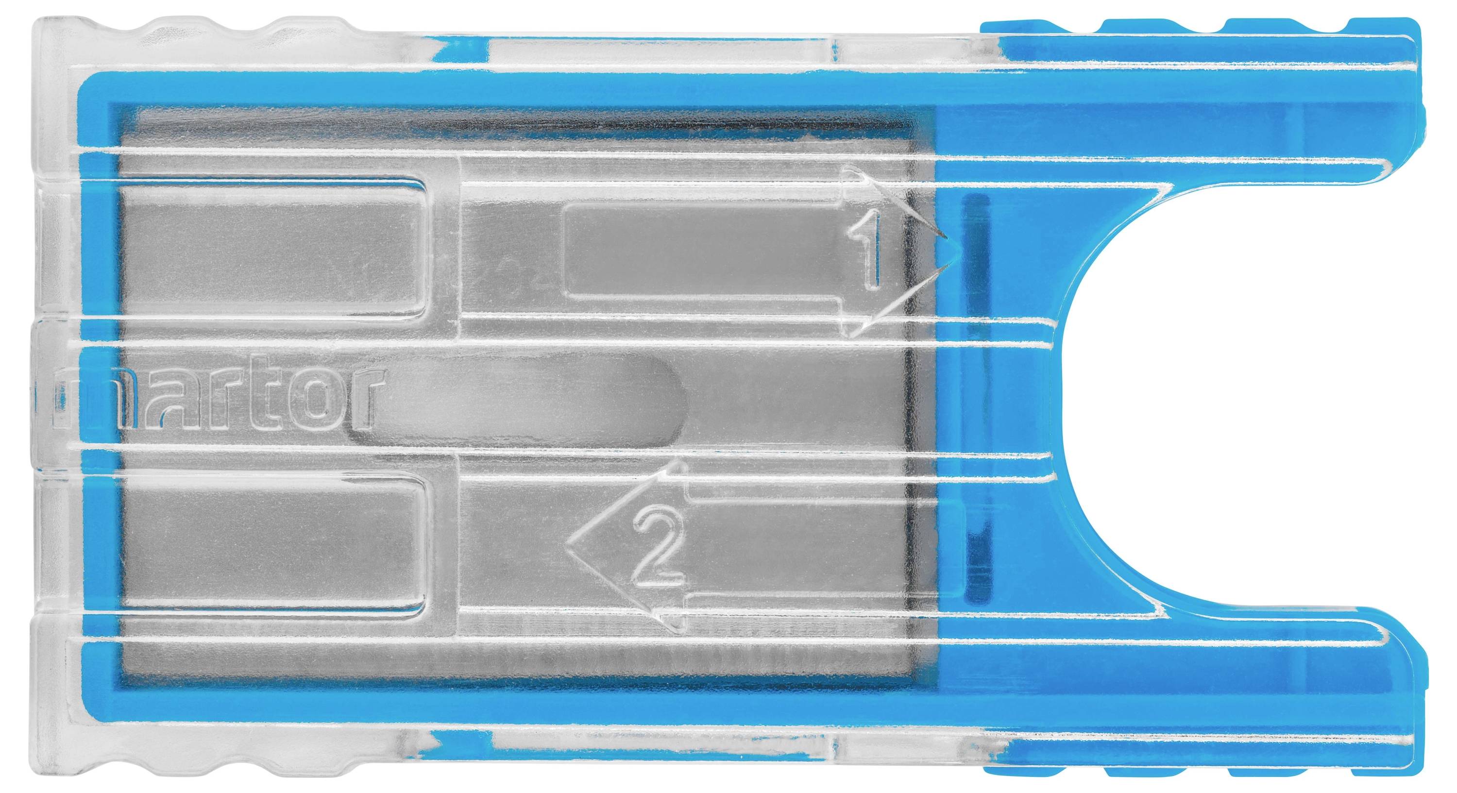A blue pencil sharpener with a blade, enclosed in a transparent casing, displays the numbers '1' and '2'.
