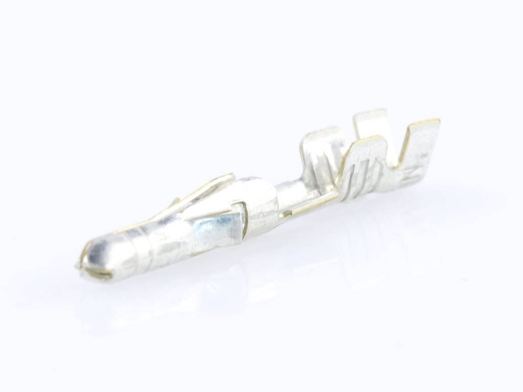 Metallic connector against a white background, commonly used in electronic applications for connecting cables.