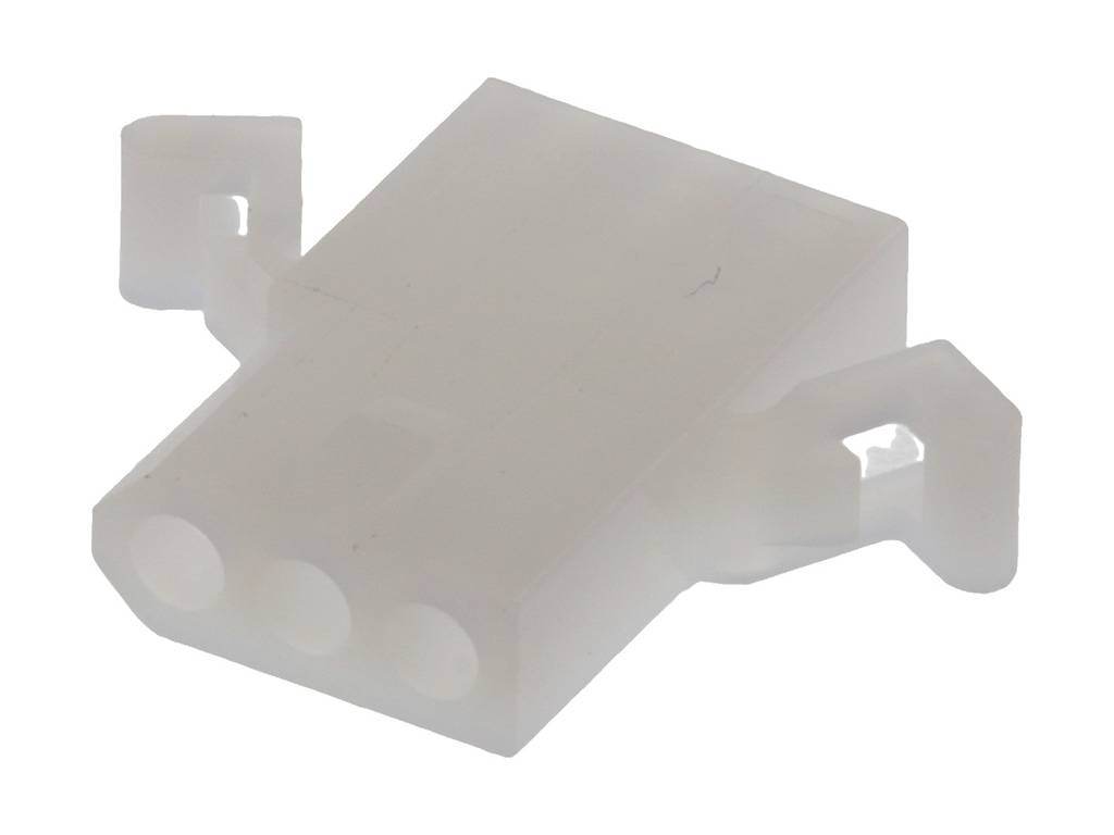 A white three-pin plastic plug is used for electrical connection and has two narrow side clips for fastening.