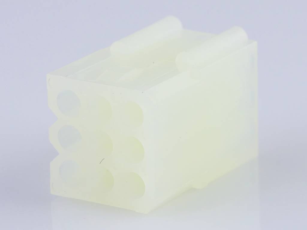 A white, six-pin, modular plug on a light background; used for connecting electrical cables.